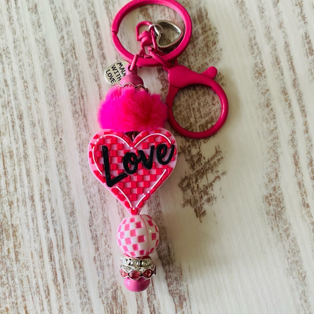 Pink Love Heart Pom Pom Keychain